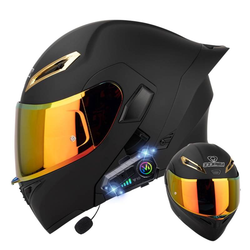 Klapphelm mit Bluetooth, Bluetooth Integralhelm Motorradhelm mit Doppelvisier, ECE Zertifiziert Hohe Qualität Helm, Verschiedene farbige Linsen, für Frauen Männer（22.4-25.2in） von RQTEUYE