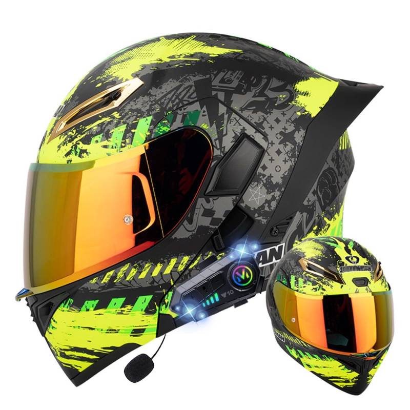 Klapphelm mit Bluetooth, Bluetooth Integralhelm Motorradhelm mit Doppelvisier, ECE Zertifiziert Hohe Qualität Helm, Verschiedene farbige Linsen, für Frauen Männer（22.4-25.2in） von RQTEUYE