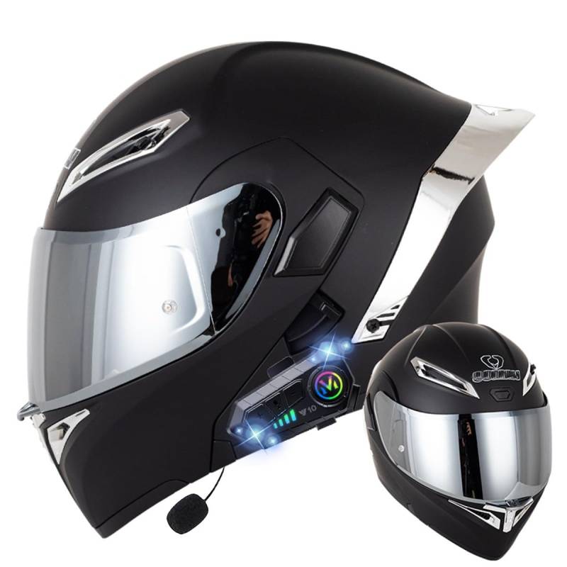 Klapphelm mit Bluetooth, Bluetooth Integralhelm Motorradhelm mit Doppelvisier, ECE Zertifiziert Hohe Qualität Helm, Verschiedene farbige Linsen, für Frauen Männer（22.4-25.2in） von RQTEUYE