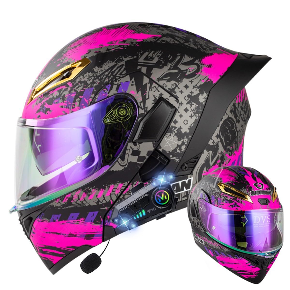 Klapphelm mit Bluetooth, Bluetooth Integralhelm Motorradhelm mit Doppelvisier, ECE Zertifiziert Hohe Qualität Helm, Verschiedene farbige Linsen, für Frauen Männer（22.4-25.2in） von RQTEUYE