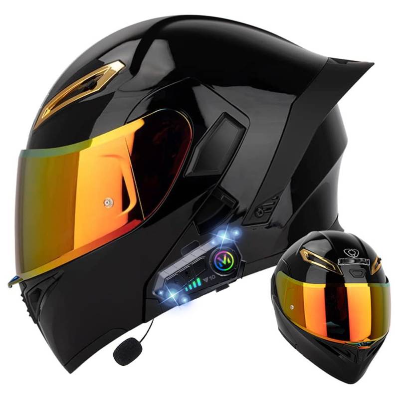 Klapphelm mit Bluetooth, Bluetooth Integralhelm Motorradhelm mit Doppelvisier, ECE Zertifiziert Hohe Qualität Helm, Verschiedene farbige Linsen, für Frauen Männer（22.4-25.2in） von RQTEUYE