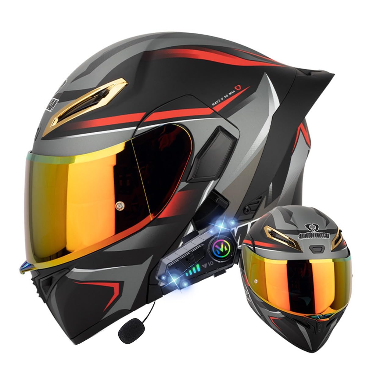 Klapphelm mit Bluetooth, Bluetooth Integralhelm Motorradhelm mit Doppelvisier, ECE Zertifiziert Hohe Qualität Helm, Verschiedene farbige Linsen, für Frauen Männer（22.4-25.2in） von RQTEUYE