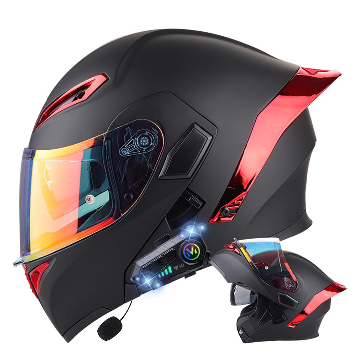 Klapphelm mit Bluetooth, Bluetooth Integralhelm Motorradhelm mit Doppelvisier, ECE Zertifiziert Hohe Qualität Helm, Verschiedene farbige Linsen, für Frauen Männer（22.4-25.2in） von RQTEUYE