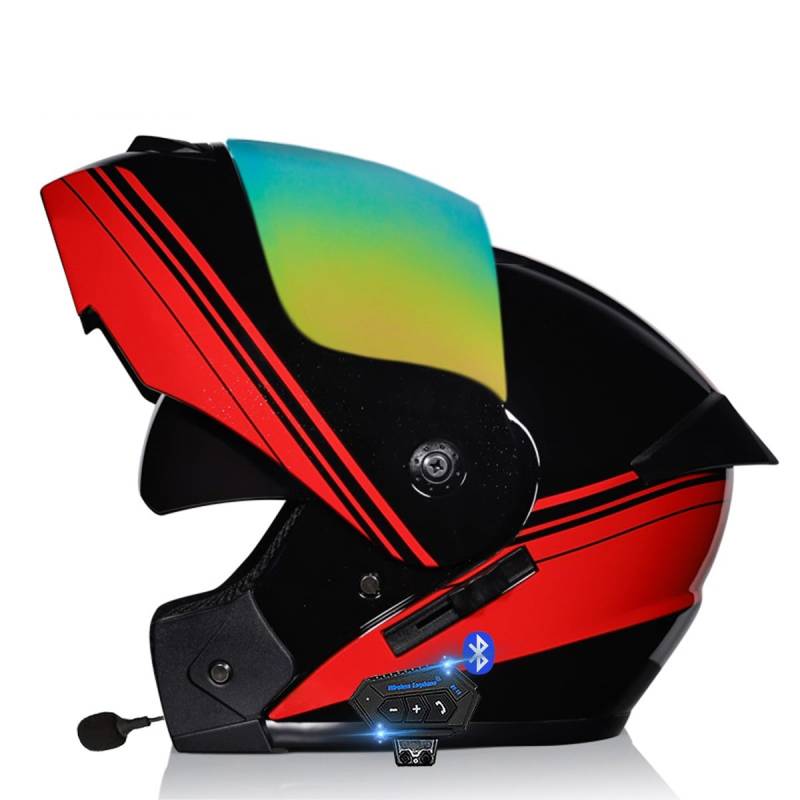 Motorradhelm Klapphelm Mit Bluetooth, Motorrad Bluetooth Modularer Helm ECE Zertifizierter, Integralhelm mit Doppelvisier, für Automatische Antwort Helm Herren Damen (21.6-24.4in) von RQTEUYE