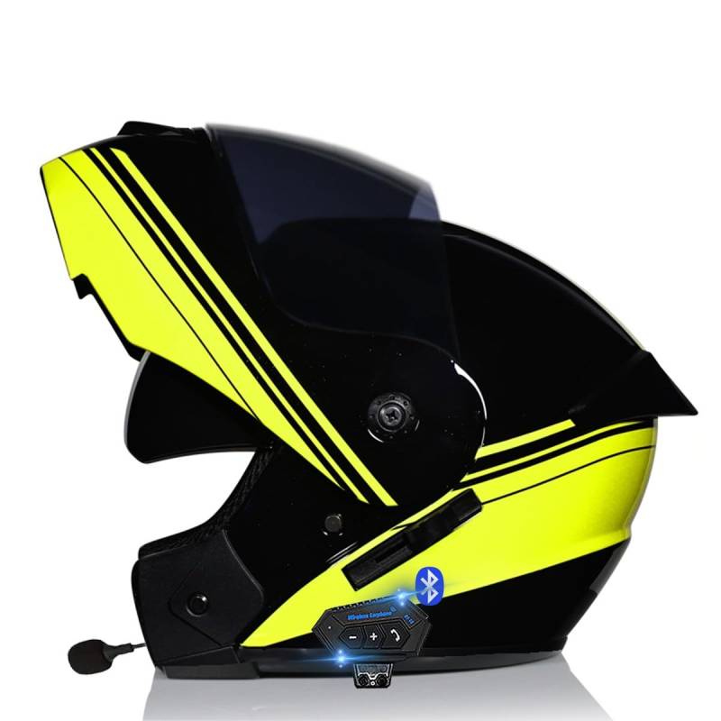 Motorradhelm Klapphelm Mit Bluetooth, Motorrad Bluetooth Modularer Helm ECE Zertifizierter, Integralhelm mit Doppelvisier, für Automatische Antwort Helm Herren Damen (21.6-24.4in) von RQTEUYE