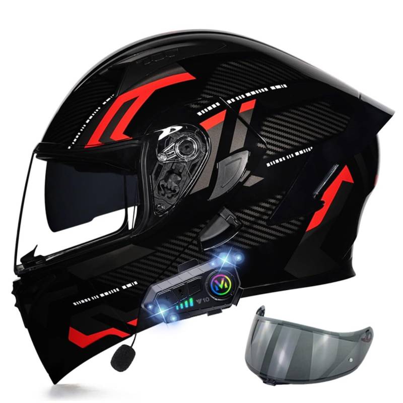 Motorradhelm Klapphelm mit Bluetooth, ECE Zertifiziert Integralhelm mit Doppelvisier, mit Eingebautem Mikrofon für Automatische Reaktion, für Erwachsene Frauen Männer (21.6-24.4in) von RQTEUYE