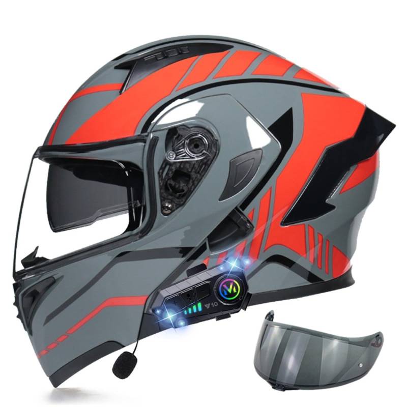 Motorradhelm Klapphelm mit Bluetooth, ECE Zertifiziert Integralhelm mit Doppelvisier, mit Eingebautem Mikrofon für Automatische Reaktion, für Erwachsene Frauen Männer (21.6-24.4in) von RQTEUYE