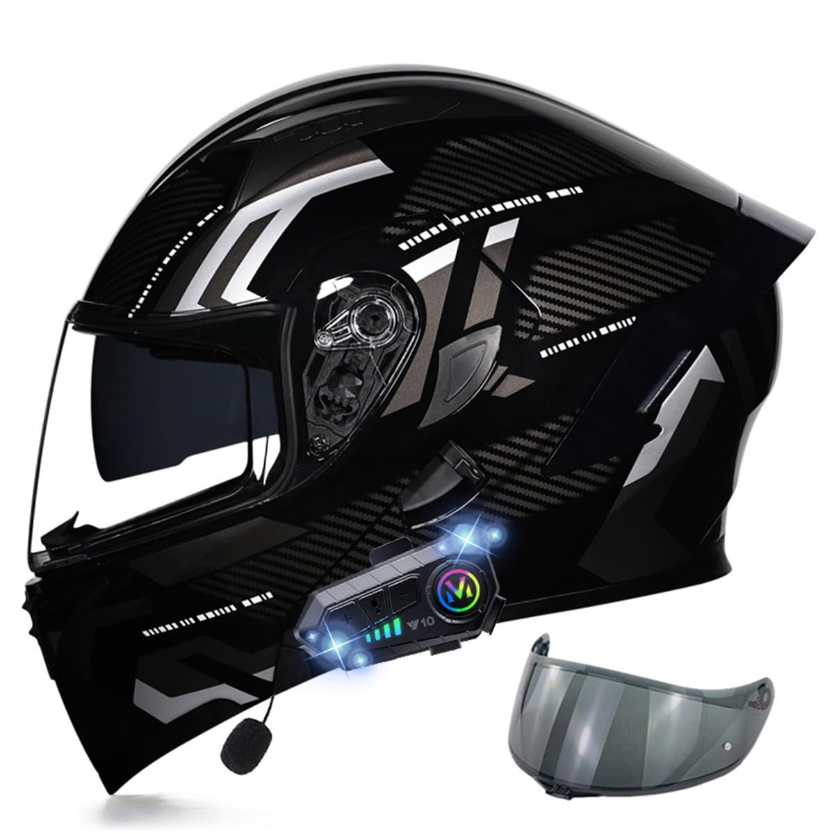 Motorradhelm Klapphelm mit Bluetooth, ECE Zertifiziert Integralhelm mit Doppelvisier, mit Eingebautem Mikrofon für Automatische Reaktion, für Erwachsene Frauen Männer (21.6-24.4in) von RQTEUYE