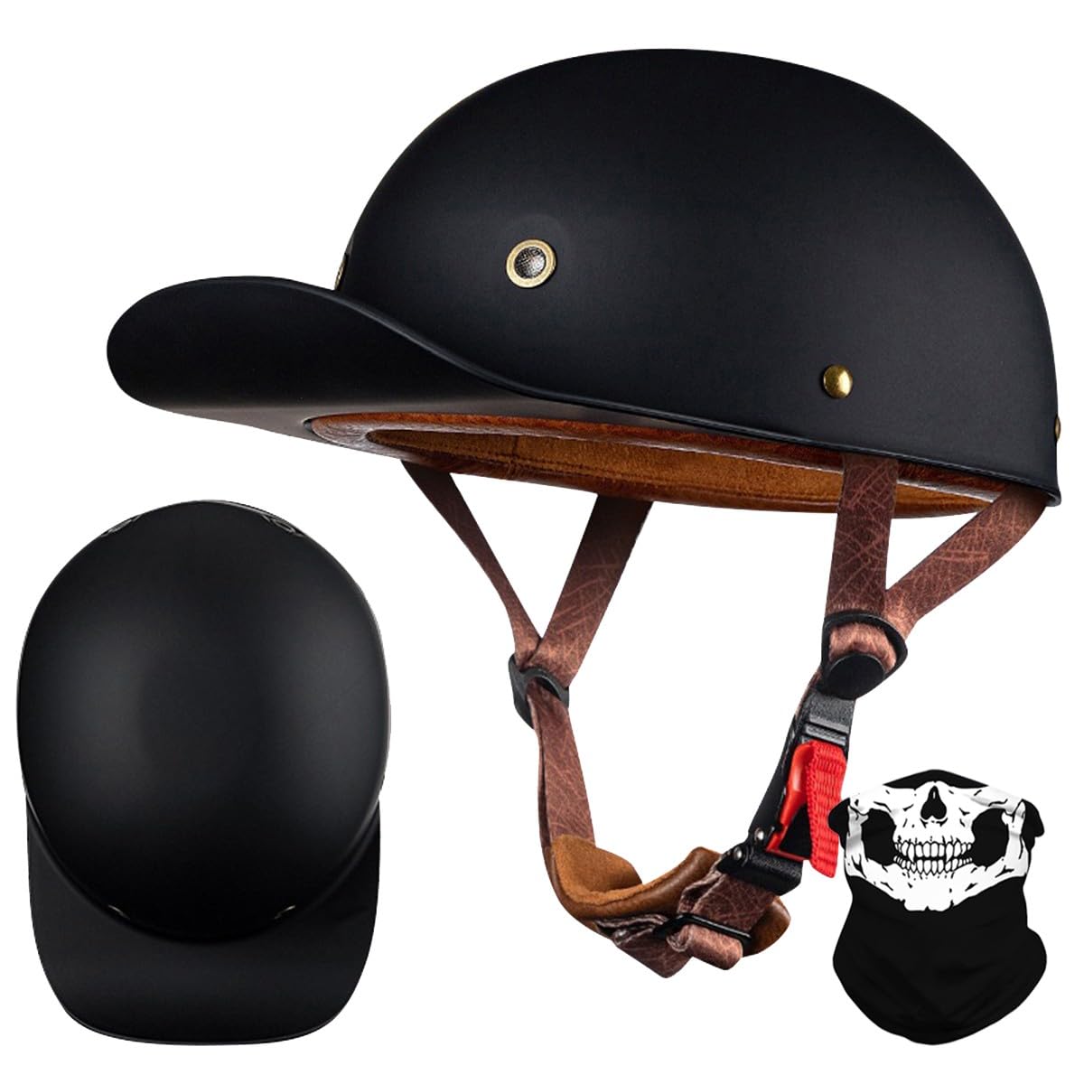 RQTEUYE Vintage Motorrad Baseball Cap Halbhelme, Retro Jethelm Halbschalenhelm mit ECE Zulassung mit Schnellverschluss für Scooter Cruiser Chopper Herren Damen Motorradhelm M-XXL von RQTEUYE