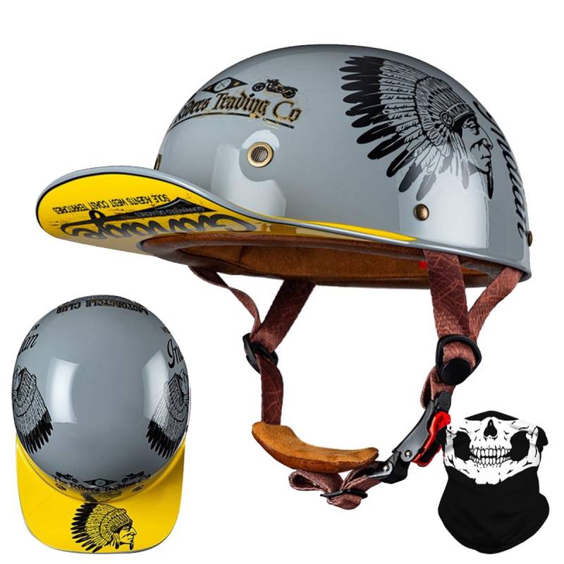 RQTEUYE Vintage Motorrad Baseball Cap Halbhelme, Retro Jethelm Halbschalenhelm mit ECE Zulassung mit Schnellverschluss für Scooter Cruiser Chopper Herren Damen Motorradhelm M-XXL von RQTEUYE