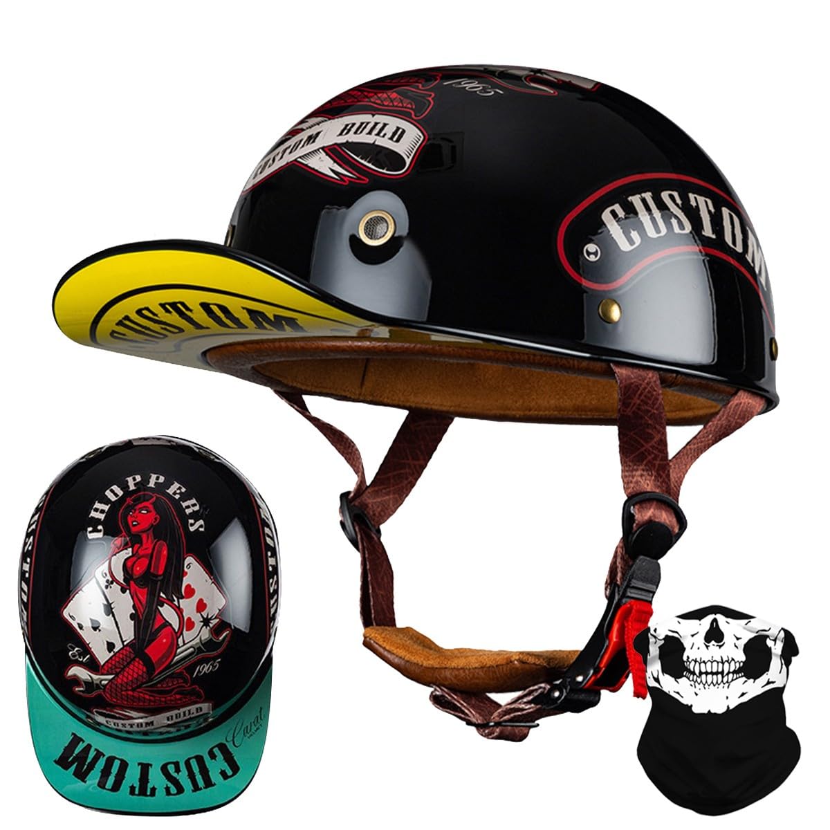 RQTEUYE Vintage Motorrad Baseball Cap Halbhelme, Retro Jethelm Halbschalenhelm mit ECE Zulassung mit Schnellverschluss für Scooter Cruiser Chopper Herren Damen Motorradhelm M-XXL von RQTEUYE