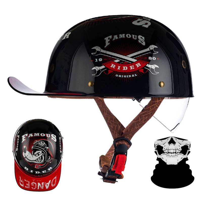 Retro Halbschalenhelm mit ECE-Zulassung,Vintage Motorradhelm Baseball Cap mit Versenkbare Sonnenblende und Schnellverschluss,Cruiser Chopper Scooter Jethelm Herren Damen Helm M-XXL von RQTEUYE