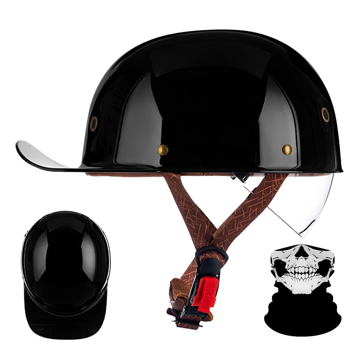 Retro Halbschalenhelm mit ECE-Zulassung,Vintage Motorradhelm Baseball Cap mit Versenkbare Sonnenblende und Schnellverschluss,Cruiser Chopper Scooter Jethelm Herren Damen Helm M-XXL von RQTEUYE