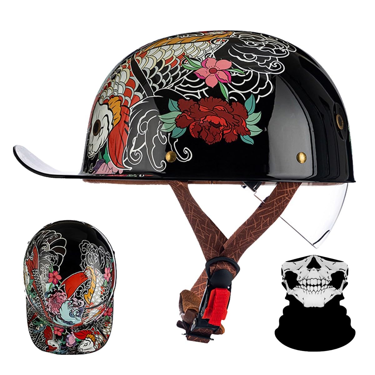 Retro Halbschalenhelm mit ECE-Zulassung,Vintage Motorradhelm Baseball Cap mit Versenkbare Sonnenblende und Schnellverschluss,Cruiser Chopper Scooter Jethelm Herren Damen Helm M-XXL von RQTEUYE