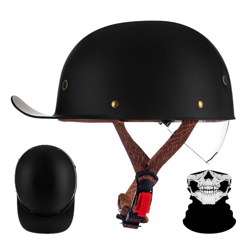 Retro Halbschalenhelm mit ECE-Zulassung,Vintage Motorradhelm Baseball Cap mit Versenkbare Sonnenblende und Schnellverschluss,Cruiser Chopper Scooter Jethelm Herren Damen Helm M-XXL von RQTEUYE