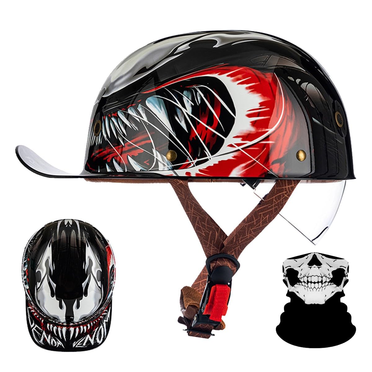 Retro Halbschalenhelm mit ECE-Zulassung,Vintage Motorradhelm Baseball Cap mit Versenkbare Sonnenblende und Schnellverschluss,Cruiser Chopper Scooter Jethelm Herren Damen Helm M-XXL von RQTEUYE