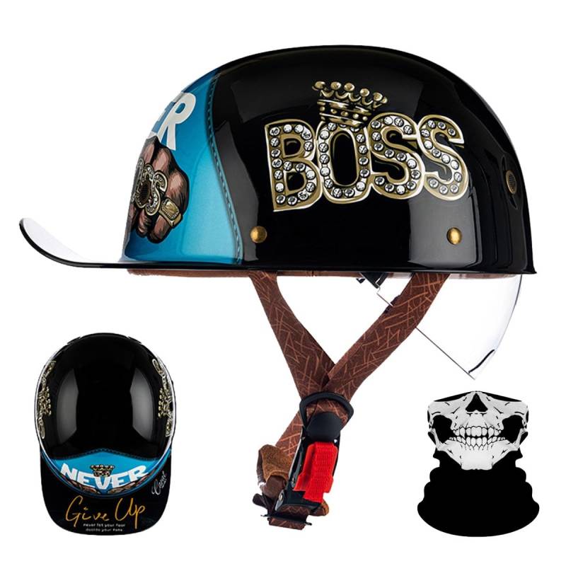 Retro Halbschalenhelm mit ECE-Zulassung,Vintage Motorradhelm Baseball Cap mit Versenkbare Sonnenblende und Schnellverschluss,Cruiser Chopper Scooter Jethelm Herren Damen Helm M-XXL von RQTEUYE