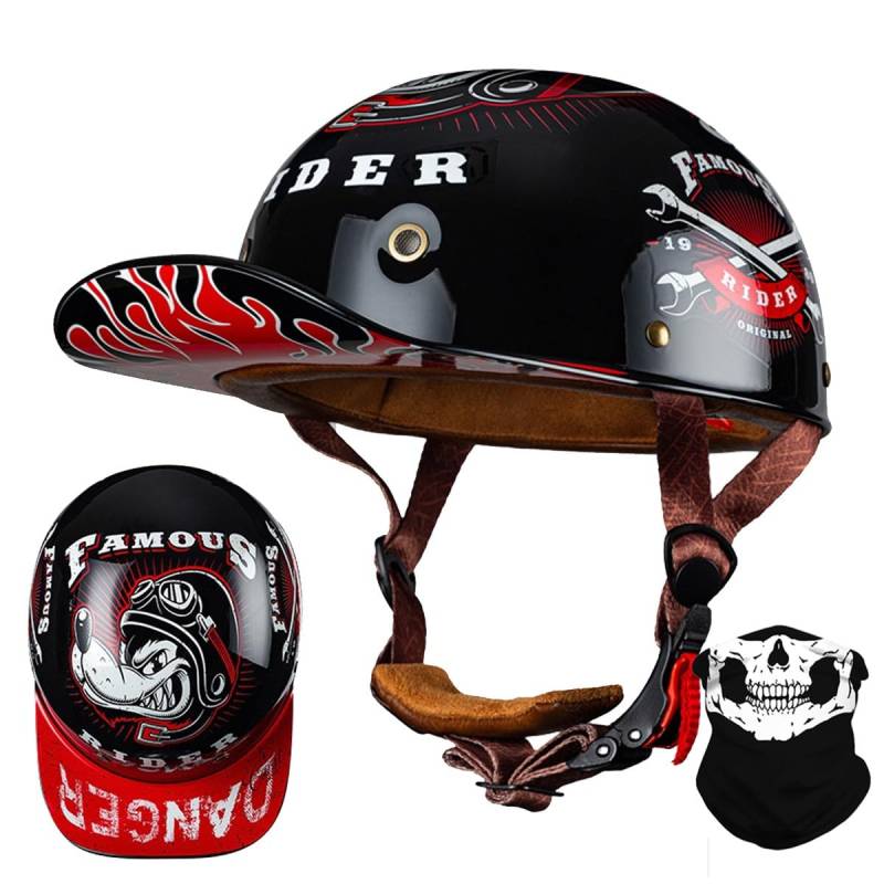 Vintage Motorrad Baseball Cap Halbhelme, Retro Jethelm Halbschalenhelm mit ECE Zulassung mit Schnellverschluss für Scooter Cruiser Chopper Herren Damen Motorradhelm M-XXL von RQTEUYE