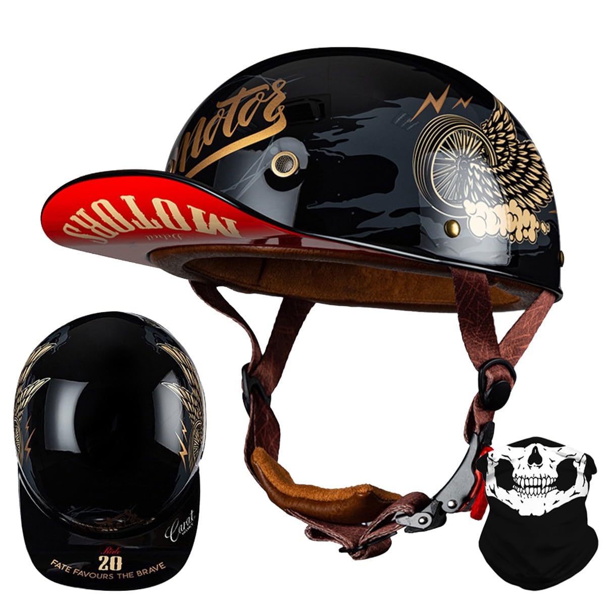 Vintage Motorrad Baseball Cap Halbhelme, Retro Jethelm Halbschalenhelm mit ECE Zulassung mit Schnellverschluss für Scooter Cruiser Chopper Herren Damen Motorradhelm M-XXL von RQTEUYE