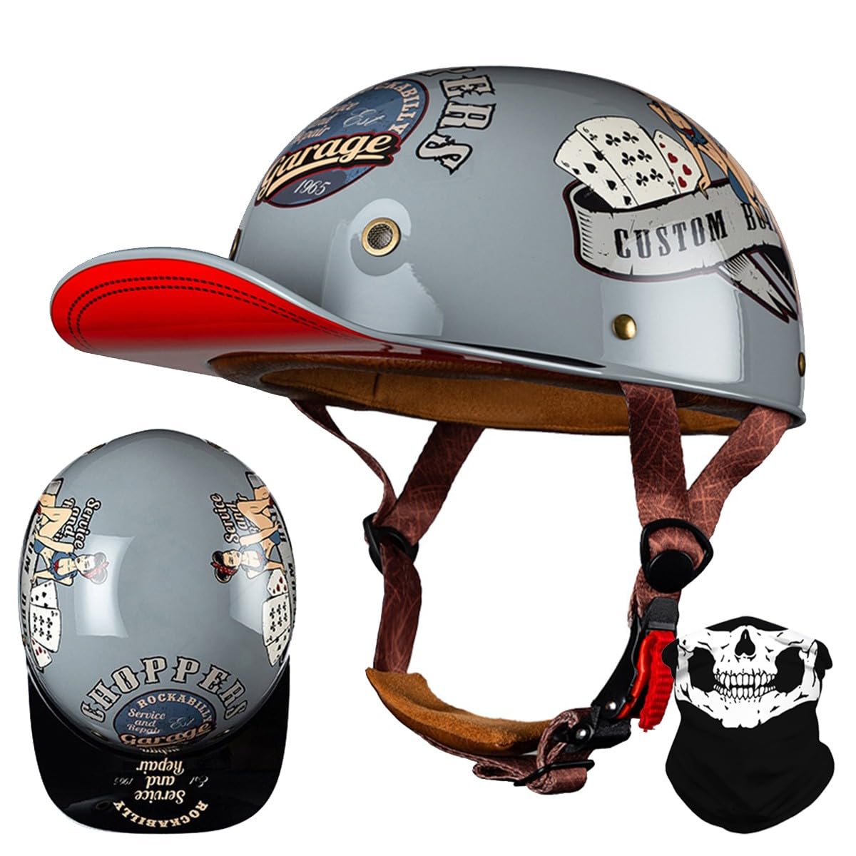 Vintage Motorrad Baseball Cap Halbhelme, Retro Jethelm Halbschalenhelm mit ECE Zulassung mit Schnellverschluss für Scooter Cruiser Chopper Herren Damen Motorradhelm M-XXL von RQTEUYE