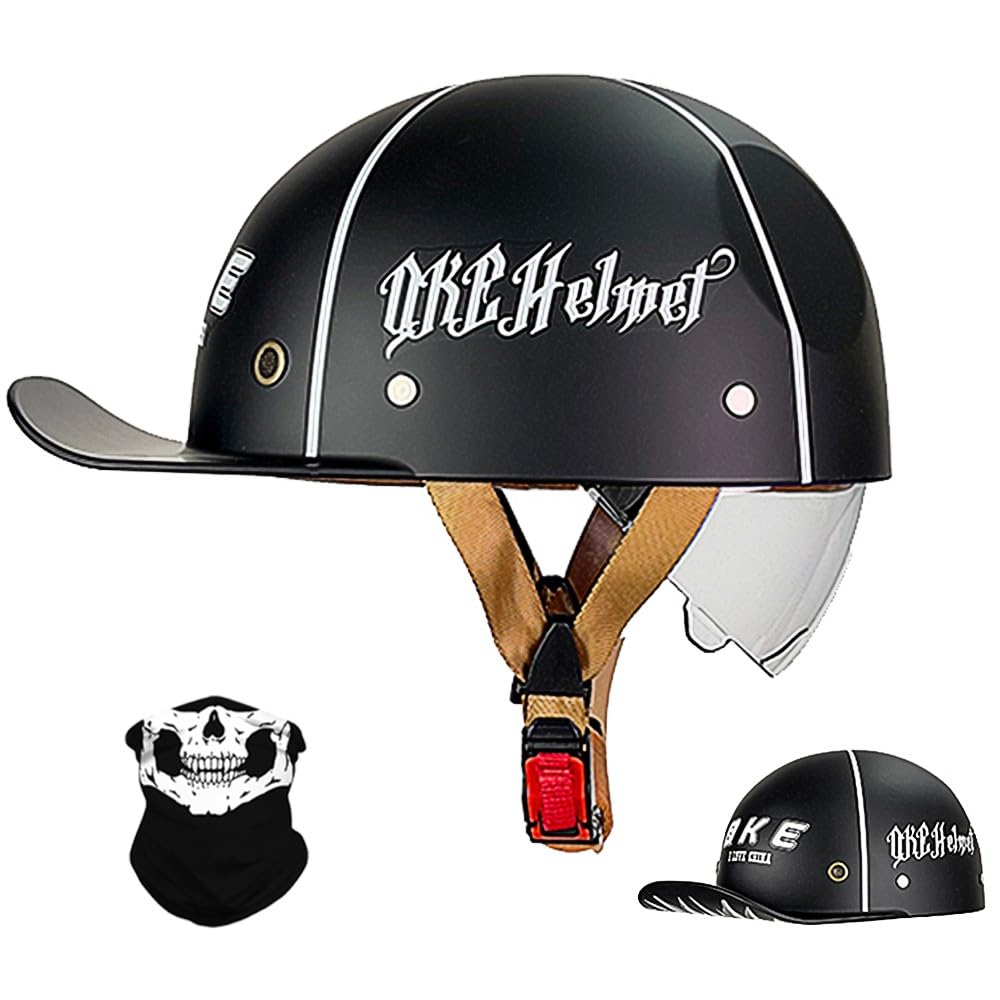 Vintage Motorrad halbhelm Baseball Cap mit ECE-Zulassung, Jet Helm Retro Halbschalenhelm mit Versenkbare Sonnenblende und Schnellverschluss Schnallen für Scooter Cruiser Motorrad von RQTEUYE