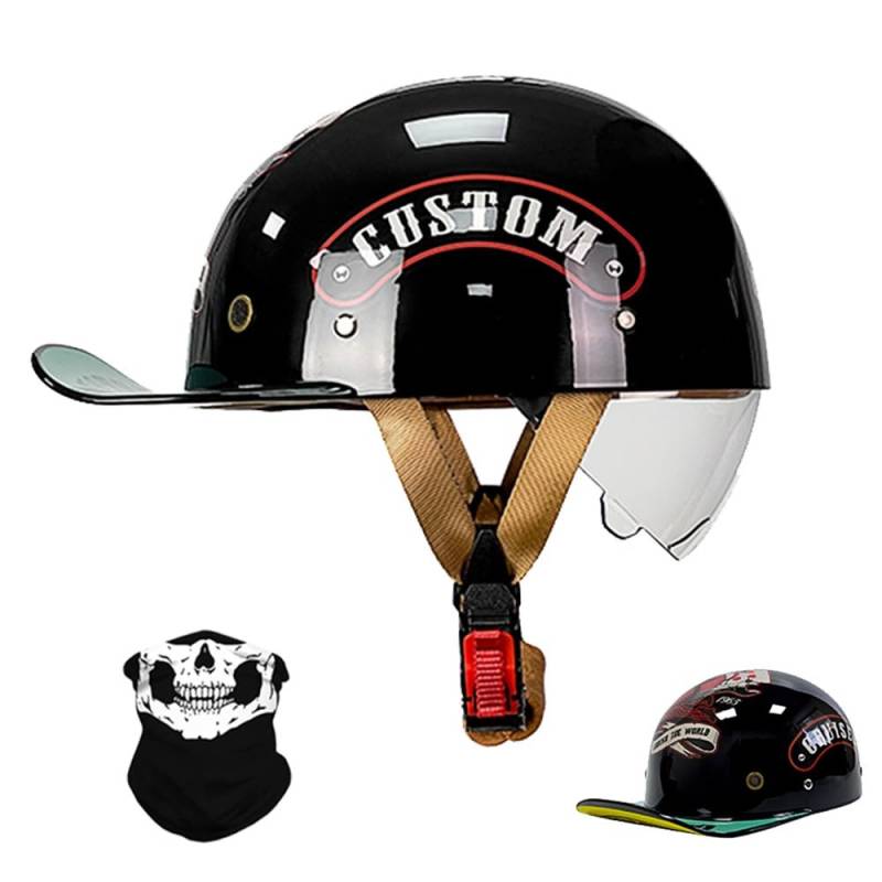 Vintage Motorrad halbhelm Baseball Cap mit ECE-Zulassung, Jet Helm Retro Halbschalenhelm mit Versenkbare Sonnenblende und Schnellverschluss Schnallen für Scooter Cruiser Motorrad von RQTEUYE