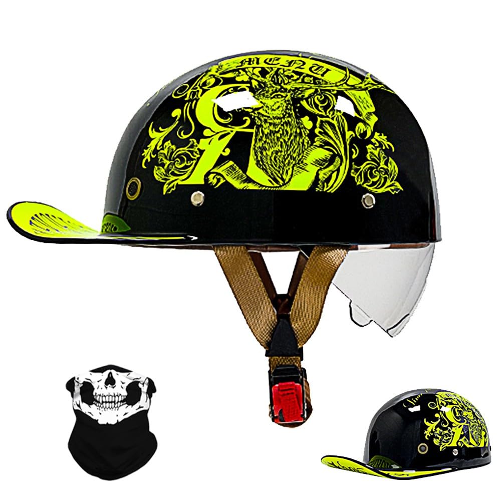 Vintage Motorrad halbhelm Baseball Cap mit ECE-Zulassung, Jet Helm Retro Halbschalenhelm mit Versenkbare Sonnenblende und Schnellverschluss Schnallen für Scooter Cruiser Motorrad von RQTEUYE