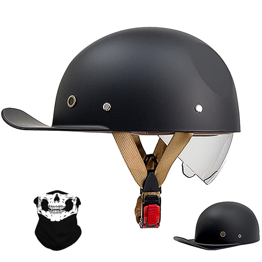 Vintage Motorrad halbhelm Baseball Cap mit ECE-Zulassung, Jet Helm Retro Halbschalenhelm mit Versenkbare Sonnenblende und Schnellverschluss Schnallen für Scooter Cruiser Motorrad von RQTEUYE