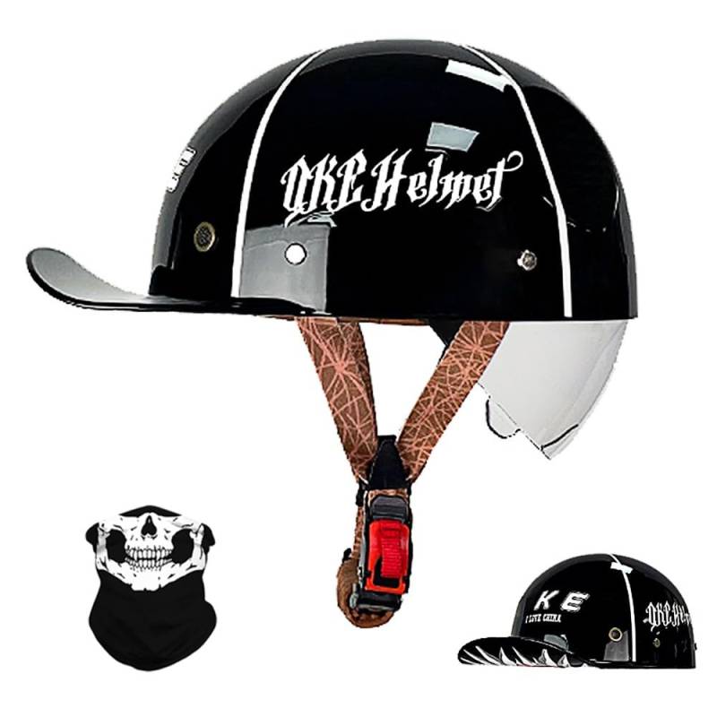 Vintage Motorrad halbhelm Baseball Cap mit ECE-Zulassung, Jet Helm Retro Halbschalenhelm mit Versenkbare Sonnenblende und Schnellverschluss Schnallen für Scooter Cruiser Motorrad von RQTEUYE