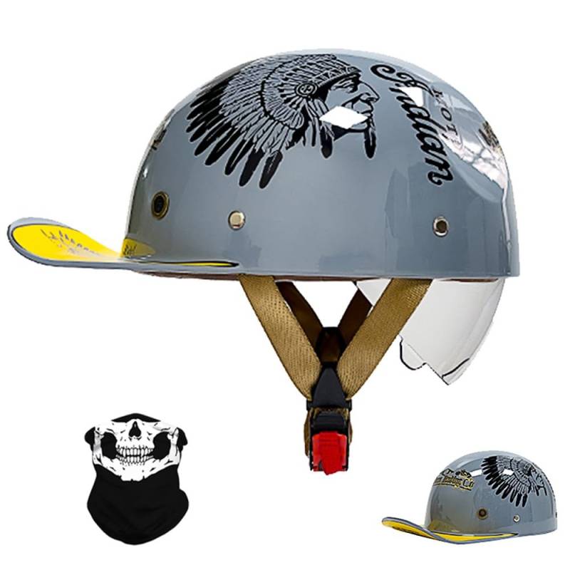 Vintage Motorrad halbhelm Baseball Cap mit ECE-Zulassung, Jet Helm Retro Halbschalenhelm mit Versenkbare Sonnenblende und Schnellverschluss Schnallen für Scooter Cruiser Motorrad von RQTEUYE