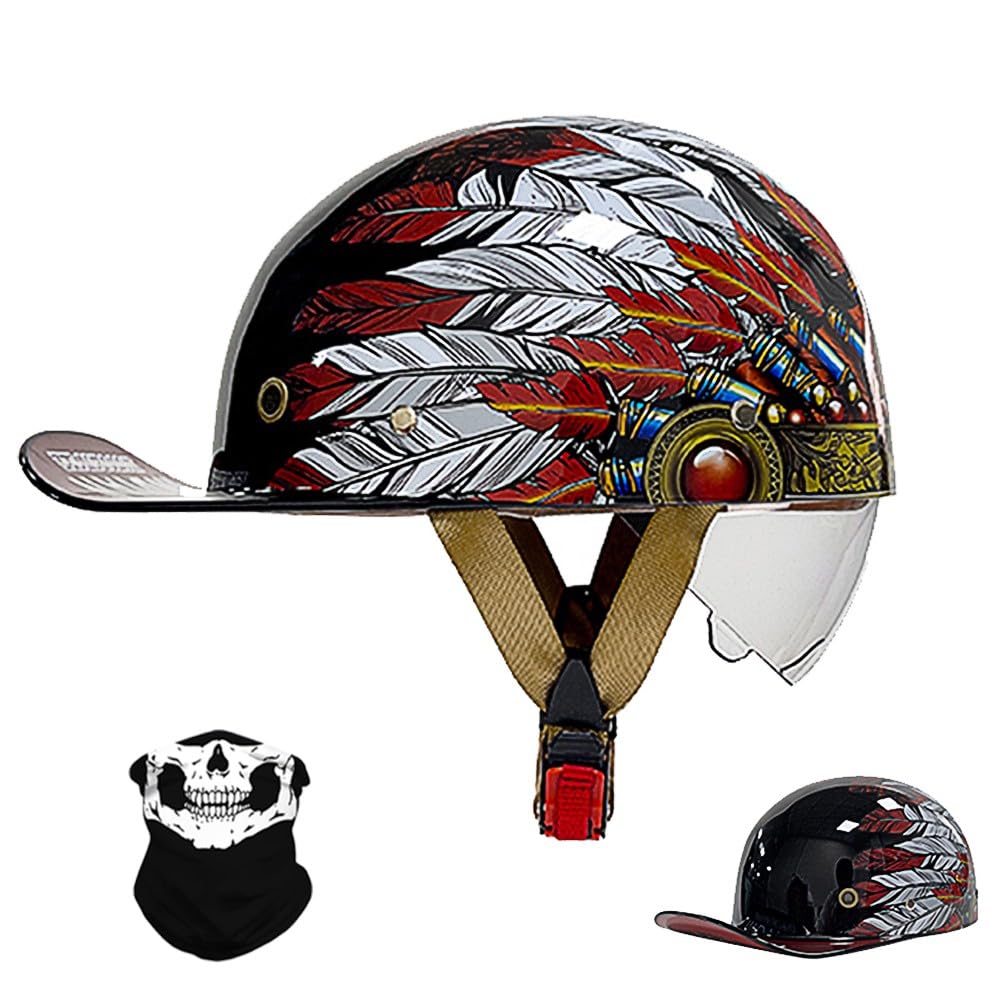 Vintage Motorrad halbhelm Baseball Cap mit ECE-Zulassung, Jet Helm Retro Halbschalenhelm mit Versenkbare Sonnenblende und Schnellverschluss Schnallen für Scooter Cruiser Motorrad von RQTEUYE