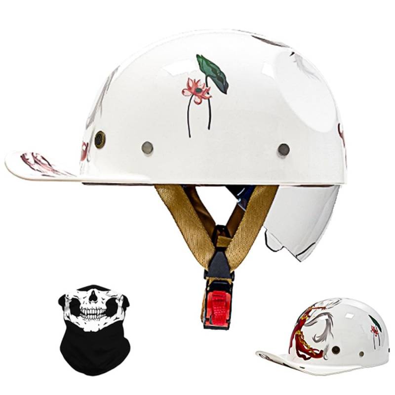 Vintage Motorrad halbhelm Baseball Cap mit ECE-Zulassung, Jet Helm Retro Halbschalenhelm mit Versenkbare Sonnenblende und Schnellverschluss Schnallen für Scooter Cruiser Motorrad von RQTEUYE