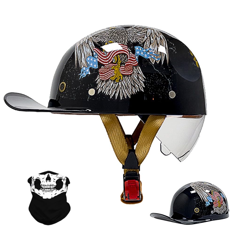 Vintage Motorrad halbhelm Baseball Cap mit ECE-Zulassung, Jet Helm Retro Halbschalenhelm mit Versenkbare Sonnenblende und Schnellverschluss Schnallen für Scooter Cruiser Motorrad von RQTEUYE