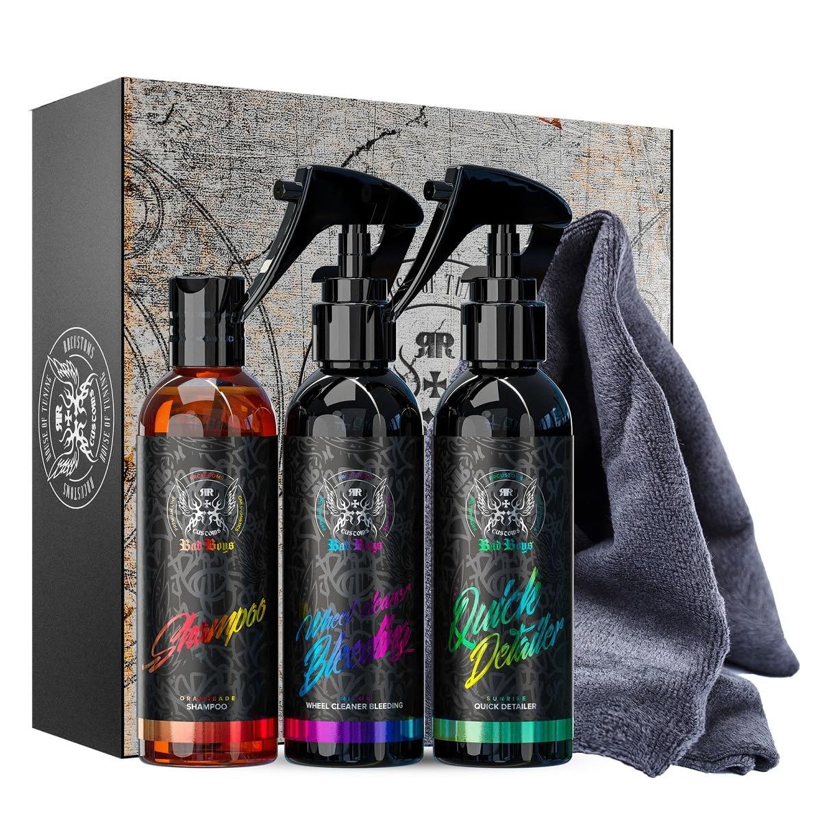 BadBoys Exterior Set Auto Wasch Set 150ml Geschenkset: Quick Detailer + Felgenreiniger Bleeding + Auto Shampoo Fahrzeug Wäsche Set von RR CUSTOMS