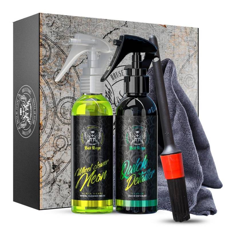 BadBoys Felgenreinigung Set Detailing Set 150ml Geschenkset Quick Detailer Felgenreiniger Neon Detailing Pinsel Mikrofasertuch von RR CUSTOMS