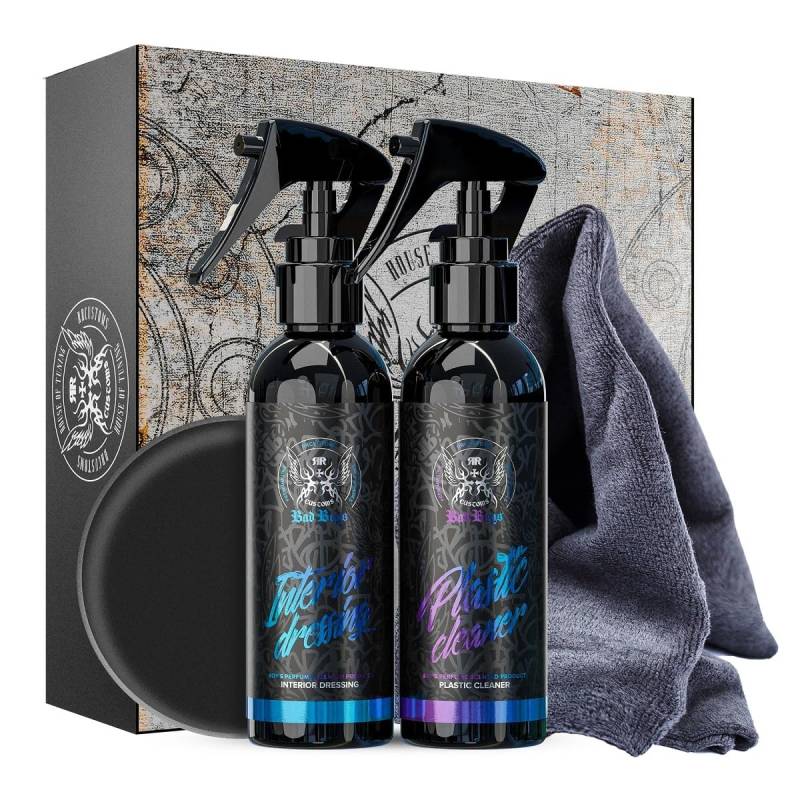 BadBoys Interior Set 150ml Geschenkset Boys Perfume Kunststoffreiniger Innenraum Pflegemittel Mikrofasertuch Applikatorschwamm Kunststoffpflege Gummipflege Cockpit Pflege Set von RR CUSTOMS