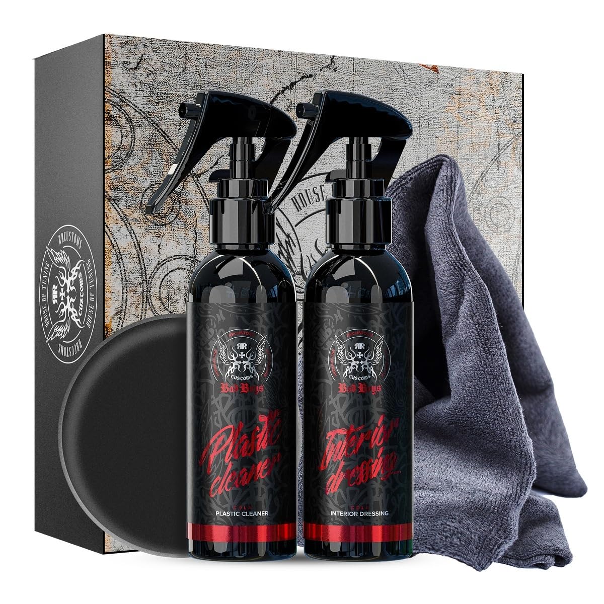 BadBoys Interior Set 150ml Geschenkset Cola Cockpit Set Kunststoffreiniger Innenraum Pflegemittel Mikrofasertuch Applikatorschwamm Cockpit Pflege Set von RR CUSTOMS