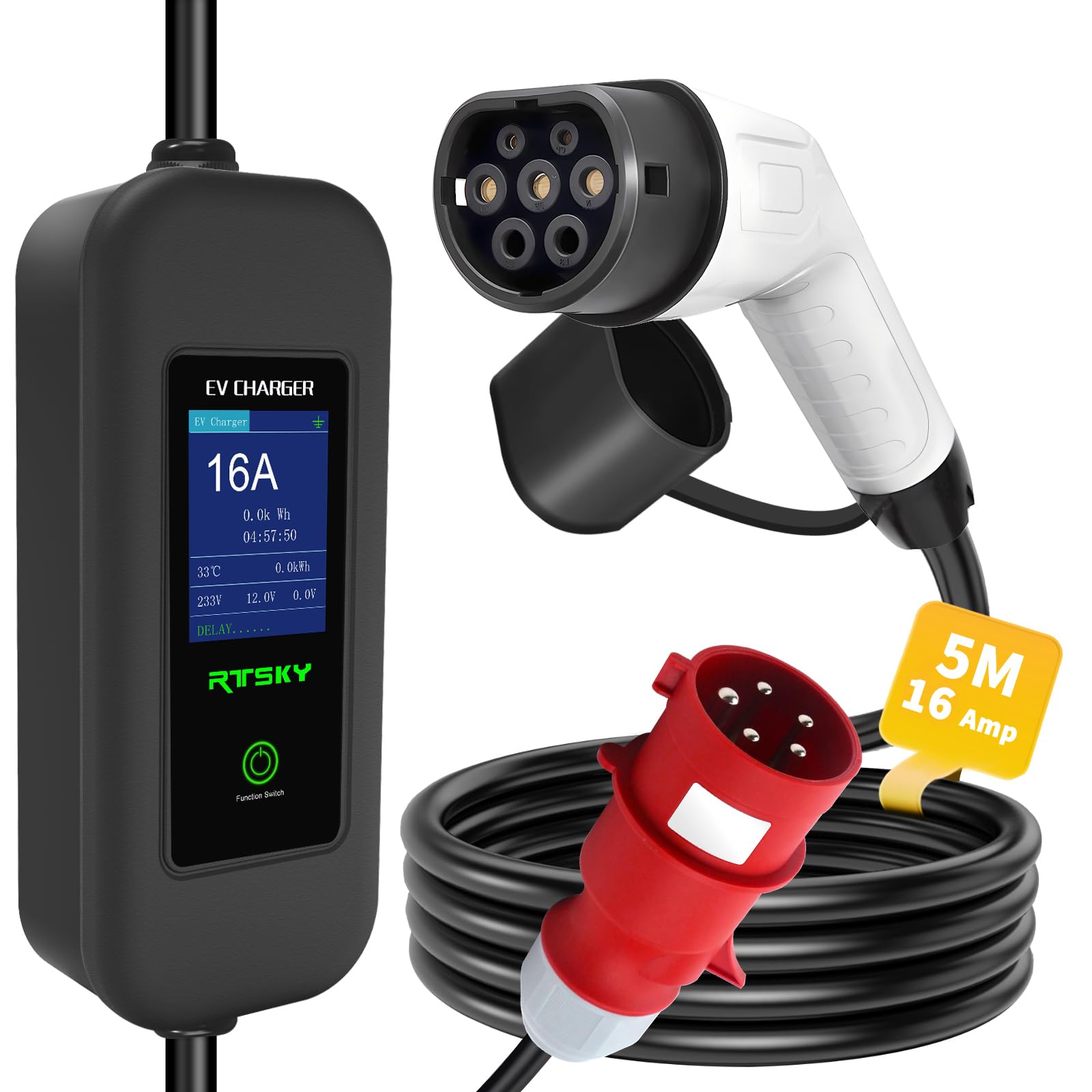 RTSKY 11kW Ladekabel CEE 16a Auf Typ 2 Ladekabel Elektroauto Typ 2 Schuko 3-phasig,5m,16A EV Chargers mit Digitalanzeige für Elektroauto,EV Ladegerät von RTSKY