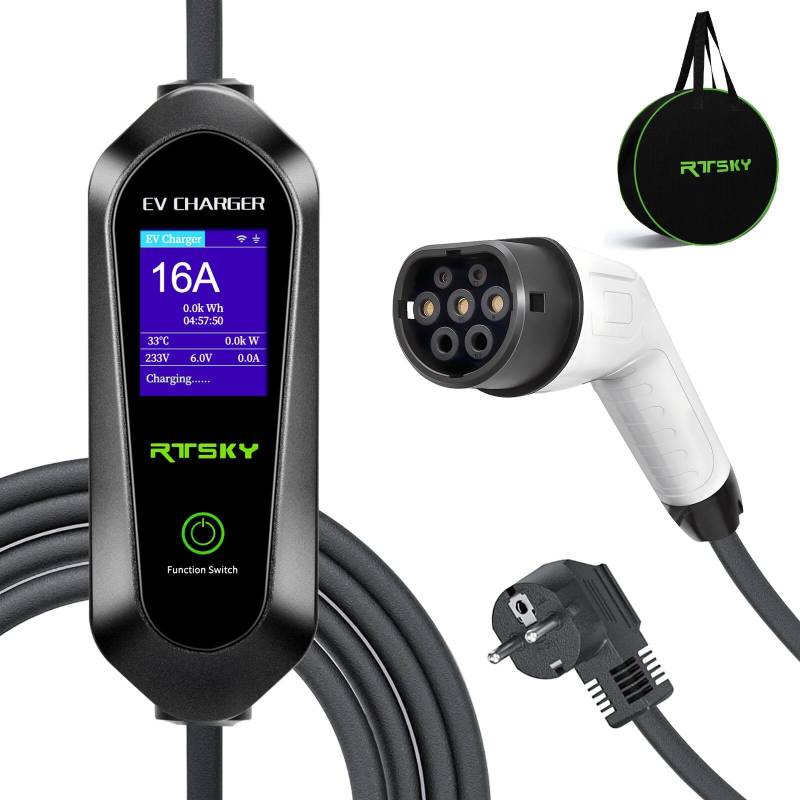 RTSKY 3.5kW Mobile Wallbox Ladekabel CEE 8-16A Auf Typ 2 Ladekabel Elektroauto Typ 2 Schuko 1-phasig, 16A EV Chargers mit Digitalanzeige für Elektroauto, EV Ladegerät,5m von RTSKY