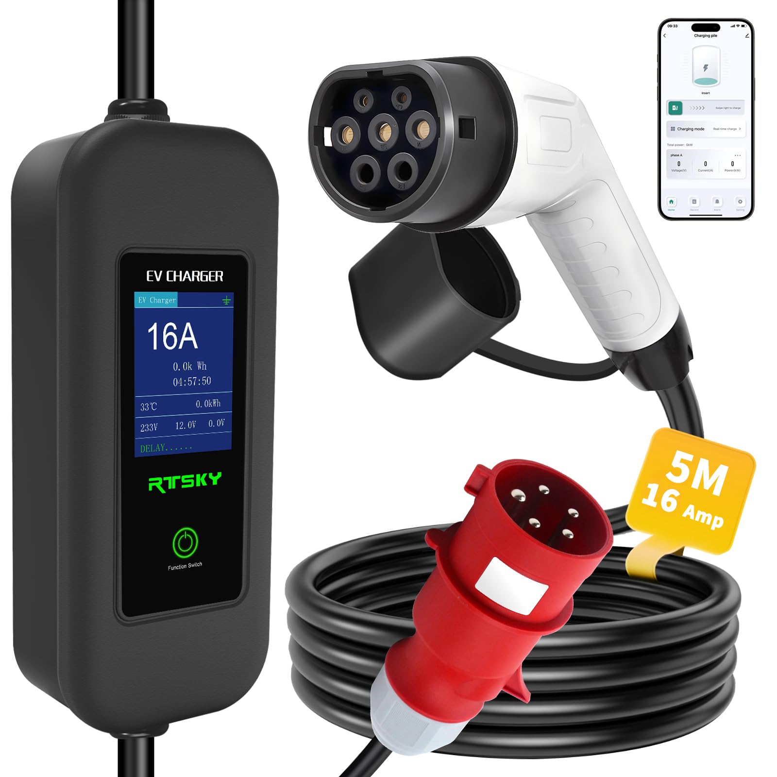 RTSKY Ladekabel CEE 16a Auf Typ 2 Ladekabel Elektroauto Typ 2 Schuko 1-phasig,5m,16A EV Chargers mit Digitalanzeige für Elektroauto,EV Ladegerät,11kw von RTSKY