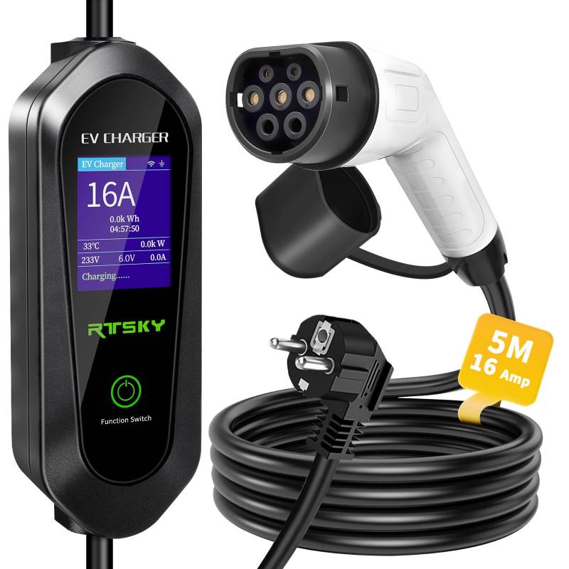 RTSKY Ladekabel CEE 16a Auf Typ 2 Ladekabel Elektroauto Typ 2 Schuko 1-phasig, 8-16A EV Chargers mit Digitalanzeige für Elektroauto, EV Ladegerät,5m/3.5kW von RTSKY