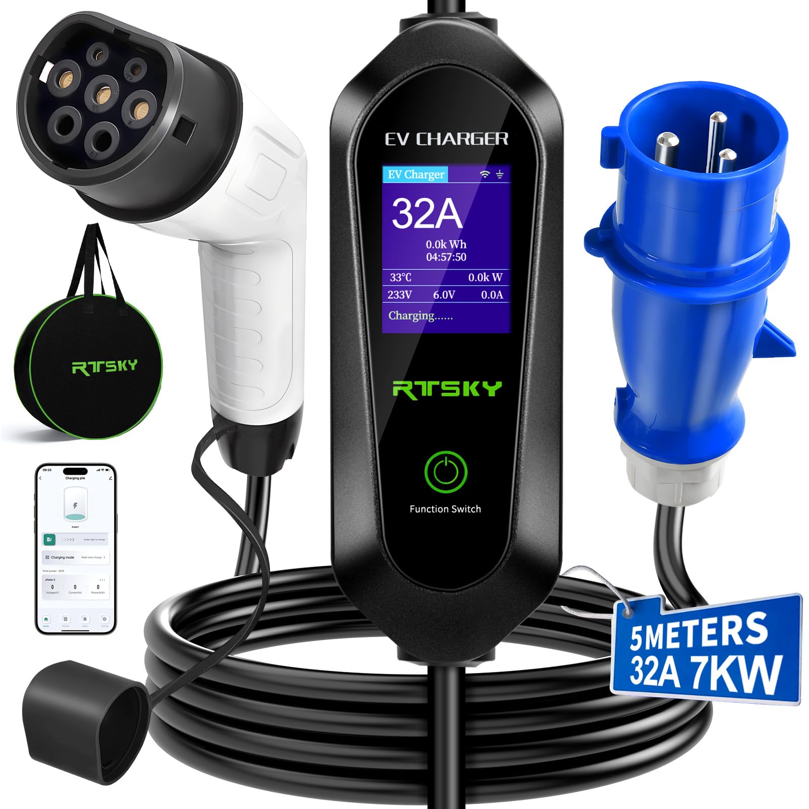 RTSKY Ladekabel CEE 32a Auf Typ 2 Ladekabel Elektroauto Typ 2 Schuko 7kW/5M 1-phasig, 8-32A WiFi-Bluetooth-Fernbedienung EV Chargers mit Digitalanzeige für Elektroauto, EV Ladegerät von RTSKY