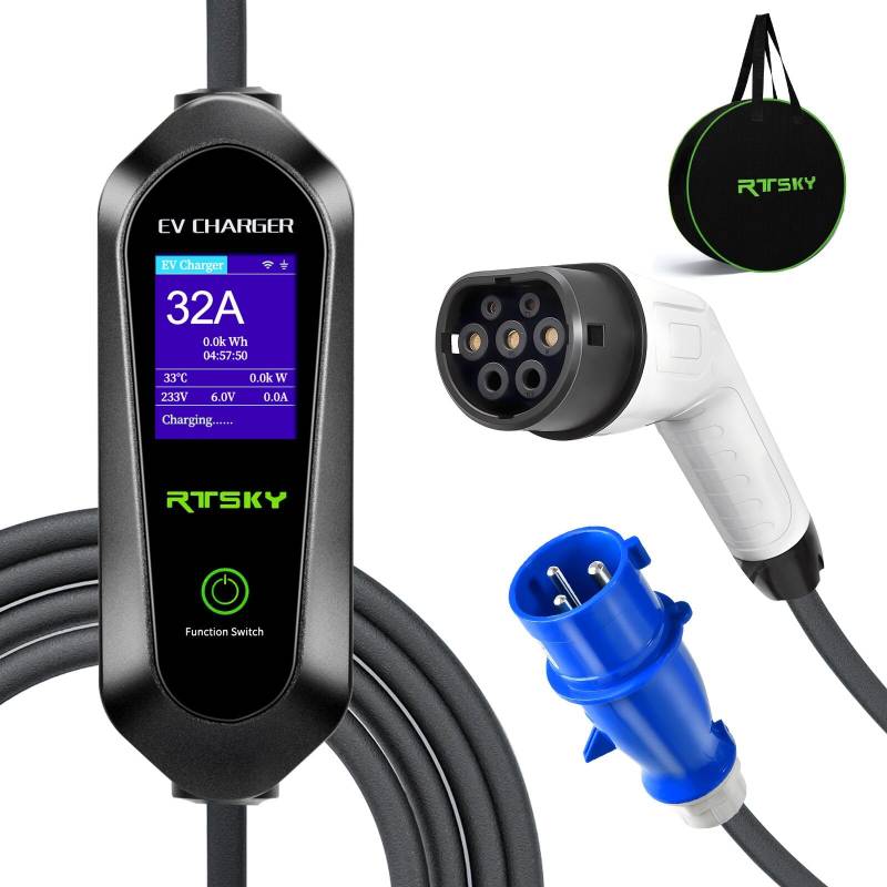 RTSKY Mobile Wallbox 7kW Ladekabel CEE 32a Auf Typ 2 Ladekabel Elektroauto Typ 2 Schuko 5M 1-phasig, 8-32A EV Chargers mit Digitalanzeige für Elektroauto, EV Ladegerät von RTSKY