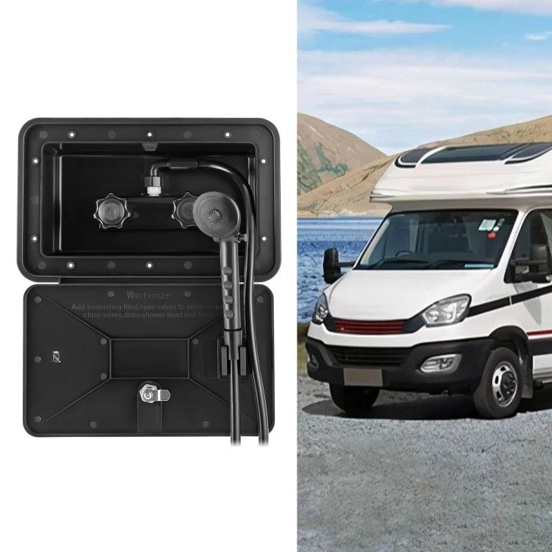 Außendusche Wohnmobil, RV Duschbox Kit, RV Dusche mit Schloss, Wohnmobi ZubehöR, Außendusche Box, Campingdusche, Heiß Kaltschalter, Universal für Boote und Wohnmobile, Schwarz von RUETERY