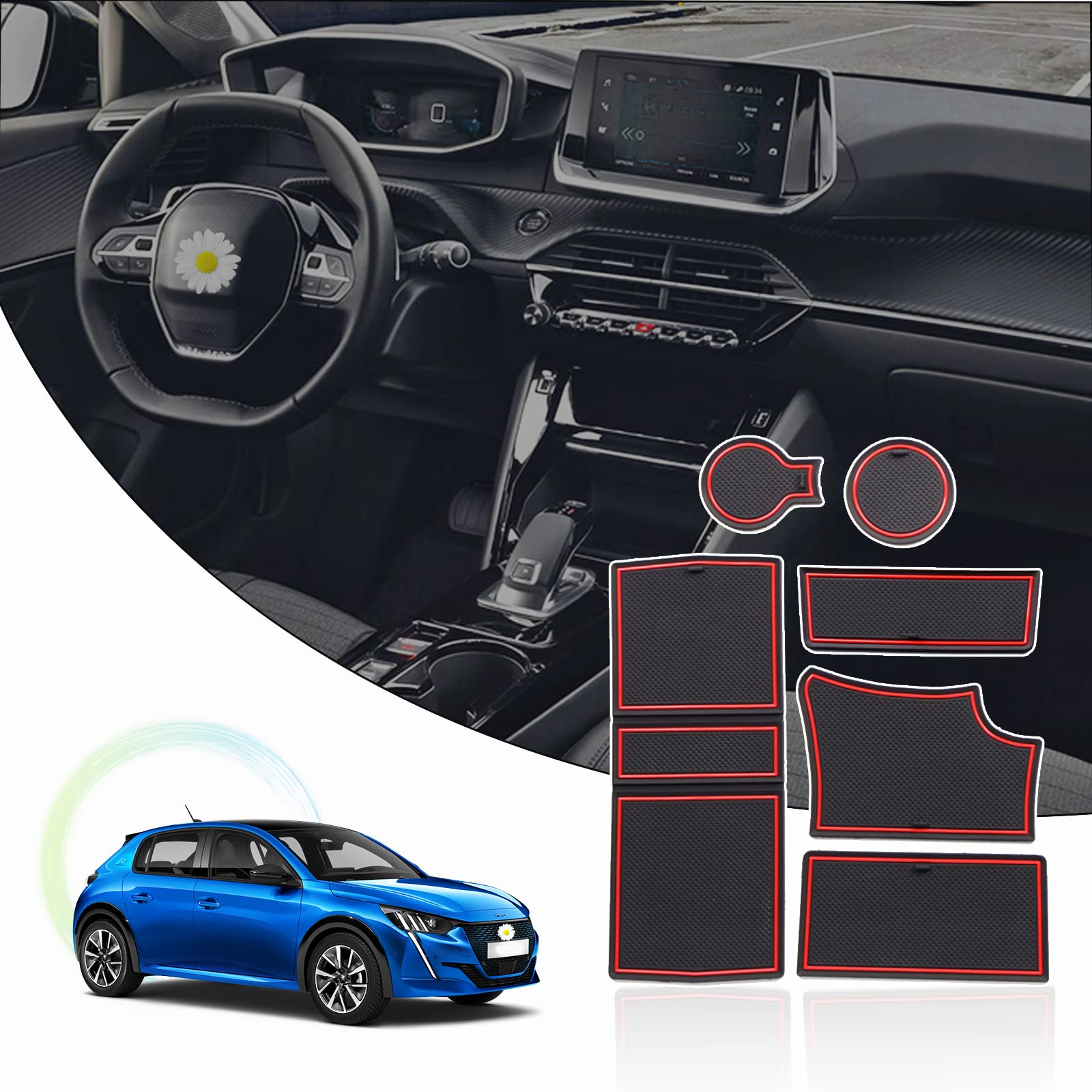 Ruiya Peugeot 208 e-208/Peugeot 2008 e-2008 Restyling 2020-2024 2025 Auto Gummimatten Türschlitzmatte, Antirutschmatten Getränkehalter Matte Mittelkonsole Rutschmatten Türnaht rutschfeste Matte von RUIYA