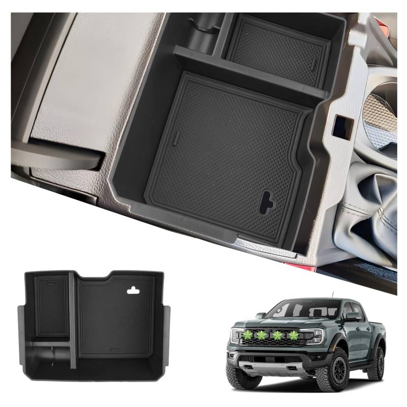 Ruiya Kompatibel mit Neu Ford Ranger T9 2023 2024 Mittelkonsole Aufbewahrungsbox, Ranger T9 Raptor Wildtrak XLT Armlehne Organizer Tray Mittelarmlehne Handschuhfach Organizer (Manuelle Handbremse) von RUIYA