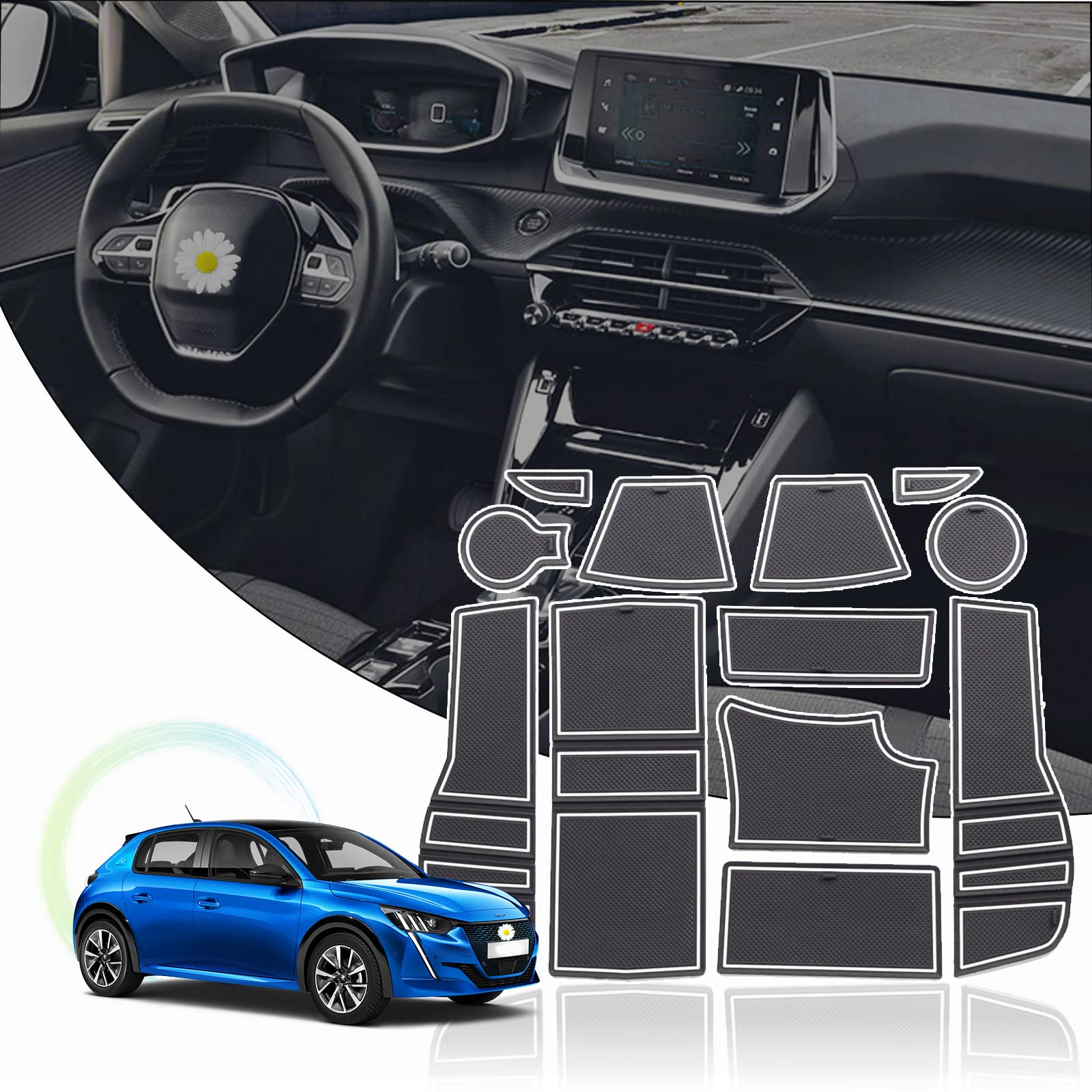 Ruiya Kompatibel mit Peugeot 2008 e-2008 Restyling 2020-2024 2025 Auto Gummimatten Türschlitzmatte,Peugeot 2008 Antirutschmatten Armlehne Getränkehalter Matte Mittelkonsole Rutschmatten Türnaht Matte von RUIYA