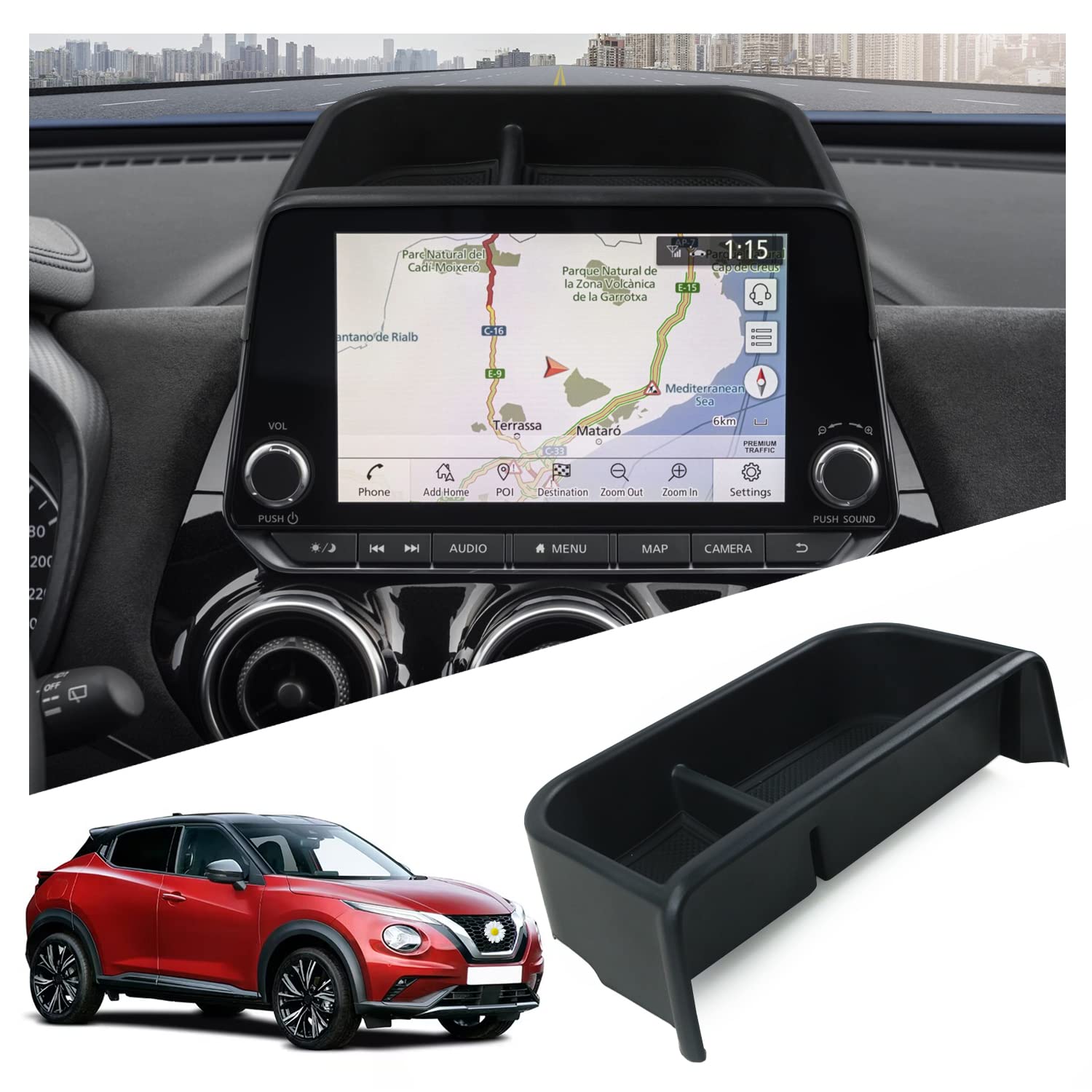 RUIYA Mittelkonsole Aufbewahrungsbox für 2020-2023 Nissan Juke f16, 8" Mittelkonsole Handyhalterung Instrumententafel Telefon Halter Navigation Ablagen Organizer Tablett Juke Zubehör von RUIYA