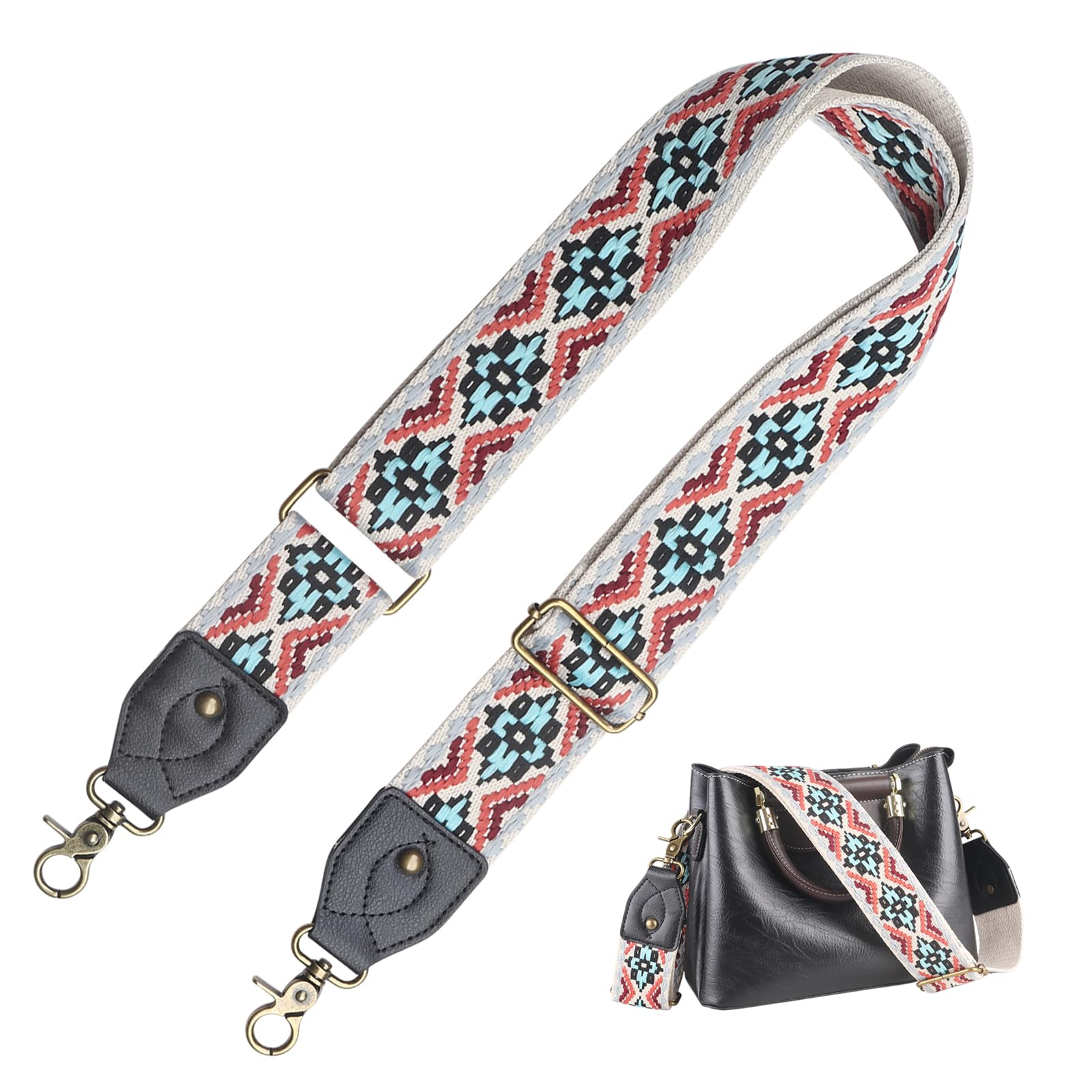 Schultergurt für Taschen Breit 5cm, Umhängegurt Taschenriemen Damen, Tragegurt Schulterriemen mit Karabiner für (Rot/Blau Stickerei, 2”) von RUMILLA