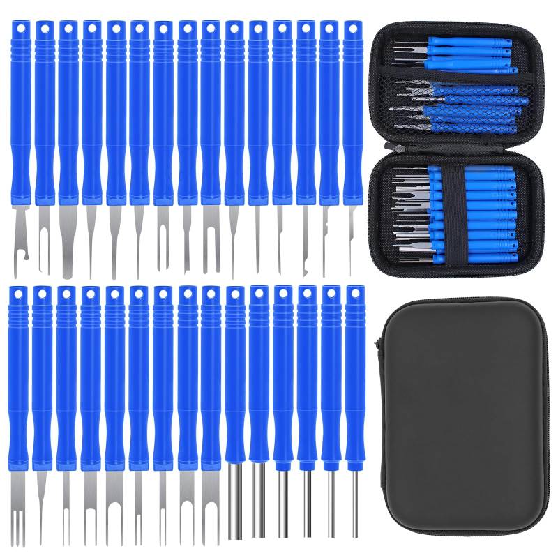 RUNYU® 30 STK Auspinnwerkzeug KFZ Set, Pin Werkzeug KFZ Auspinwerkzeug Stecker Auto Entriegelungswerkzeug mit Werkzeugtasche, Terminal Entfernung Werkzeugsatz für Auto (Blau) von RUNYU